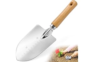 SHOWVIGOR Aluminium Garden Trowel with Measurement Markings, Lightweight Wooden Handle, Heavy Duty Digging Tool for Planting, Soil, Compost