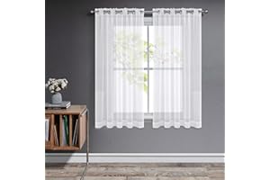‎JOYDECO Joydeco Curtains with Eyelets, Transparent Set of 2, Look Curtain, Voile Eyelet Curtain, Eyelet Curtain, Transparent Curtain, Short Curtain for Bedroom, Living Room, Tab-Top Curtain (White, 2 x H 145 x W 140)