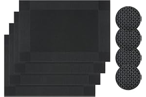 Famibay Placemats and Coasters Sets of 4 Kitchen Place Mats Washable Heat Resistant Table Mats and Coasters Black for Kitchen Dining Restaurant