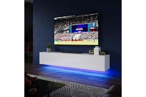 ZANOFIRA Floating TV Unit Stand with RGB LED Lighted, High Gloss TV Stand with Pull-Down Door, Modern Wall Mounted TV Cabinet with Storage Shelves for Living Room, 1400x240x270mm, White