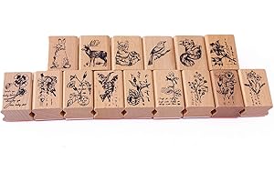 Co-link 15pcs Legno Timbro di Gomma Fai da Te diario Scrapbook Timbro Set Animali e Piante Foresta Modelli in Legno timbri in Gomma Set