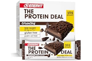 Enervit The Protein Deal Crunchy Double Choco Storm, Barritas Proteicas, Sabor Chocolate Negro, 20g de Proteínas, 0,1g de Azúcares, Snack Delicioso, Sin Gluten, 12 Barritas de 55g