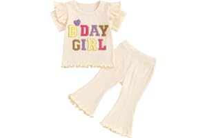 MAHUAOYIXI Baby Girl 2Pcs Birthday Outfits Short Sleeve Letter Embroidery Tops + Flare Pants Set Toddler Girls Clothes Girls Birthday Clothing Set