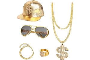 URHRHU Hip Hop Costume Set 5 Pieces Golden Fisherman Hat Dollar Pendant Chain Ring Sunglasses with Gradient 80s 90s Pimp Costume for Carnival Theme Parties Role Play