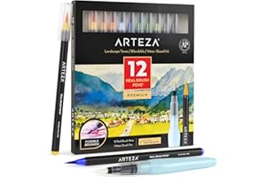 ARTEZA Prawdziwe pisaki pędzelkowe, zestaw 12 sztuk, odcienie krajobrazu, mieszane markery akwarelowe i 1 pędzel do wody, materiały plastyczne do szkoły, domu i biura