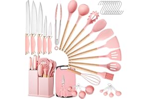 LSFCHUJU 37 PCS Kitchen Utensils Set, Silicone Cooking Utensils Set with Knife Set and Holder, Wooden Handle Kitchen Tool Set(Pink)