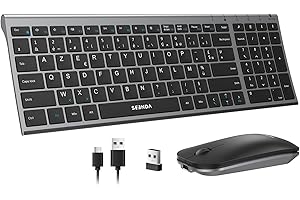 seenda WGJP-031B Combo Clavier et Souris sans Fil Rechargeable, Silencieux, Ultra-Fin, AZERTY Français, 2,4 GHz Récepteur USB, avec Pavé Numérique, pour Windows, PC, Ordinateur Portable,Gris
