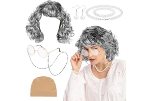 XEPST 7PCS Old Lady Wig Costume Set - Old Lady Fancy Dress Accessories Set with Granny Wig Glasses Faux Pearl Necklace Bracelet Earrings for Halloween Cosplay Carnival World Book Day, C