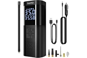 TANYO Elektrische Luftpumpe Fahrrad Akku Kompressor, 150PSI Mini Fahrradpumpe Elektrisch mit Manometer, Tragbare Luftpumpe Elektrisch mit USB LED Licht für Auto, Fahrrad, Motorrad, Bäll