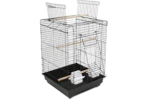 MUL-BOUTIQUE Vogelkäfig mit Futterhaus, Vogelkäfig aus Metalldraht, tragbar, mit Griff und Tablett, oben kann geöffnet werden, ohne Spielzeug (Schwarz, 40 x 40 x 58 cm)