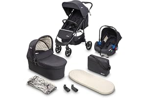 BABYGO Poussette 3 en 1 - Siège sport et baignoire chacun séparément et nacelle de voiture - Sac à langer/housse de pluie/matelas - Noir