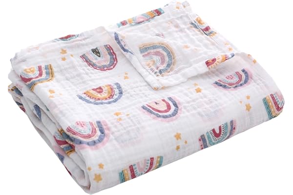 Miracle Baby Couverture en Mousseline Bébé, Couverture d'Emmaillotage pour Nouveau-né Garçon Fille, 100% Coton, Une Couche, 110 x 150 cm, Étoiles Arc-en-Ciel