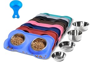 Hubulk Pet Dog Bowls 2 Stainless Steel Dog Bowl with No Spill Non-Skid Silicone Mat + Pet Food Scoop Water and Food Feeder Bowls for Feeding Small Medium Large Dogs Cats Puppies (M, Blue)