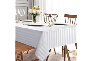 Yrendenge Obrus ze stali damasceńskiej, biały, odporny na działanie wody, zmywalny, nie wymaga prasowania, odporny na plamy, z poliestru, obrus z efektem lotosu, prostokątny, 140 x 240 cm, biały