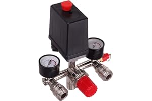 TC TECHNIC Regulator ciśnienia 230 V z przełącznikiem ciśnieniowym z 2 wskaźnikami pomiarowymi od 0 do 12 bar, gwint zewnętrzny 1/2" (~21 mm), przełącznik ciśnieniowy do kompresora 230