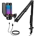 TONOR Micro PC Gaming RGB, USB Microphone Condensateur Professionnel Mic avec Support de Bras pour Streaming, Enregistrement, Youtube Discord Gaming, Voix-Off pour Ordinateur Laptop Mac,200cm, TC310+