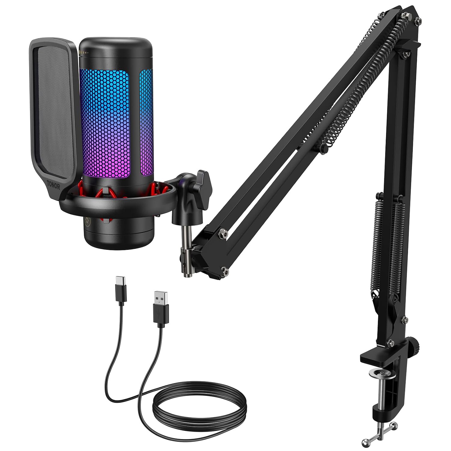 TONOR TC310+ Micro PC Gaming RGB, USB-condensatormicrofoon, professioneel, microfoon met armhouder voor streaming, opname, YouTube Discord Gaming, voice-off voor laptop, mac