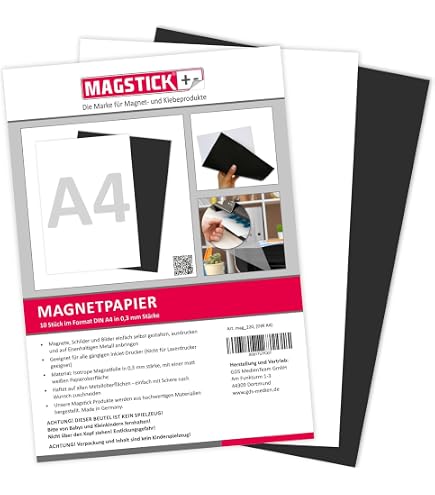 Papier Magnétique Imprimable A4 - Lot De 10, Compatible Jet D'encre/Laser, Aimantation 18g/cm²