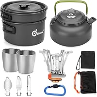 Odoland Camping Kochgeschirr Set 11-teiliges Outdoor Kochgeschirr mit Mini Gaskocher Tragbar Aluminium Topf 0.8L…