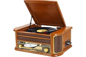 9-i-1 skivspelare med Bluetooth, AM/FM-radio, CD- och kassettspelare, USB-spelare, fjärrkontroll, integrerade högtalare, vintage skivspelare