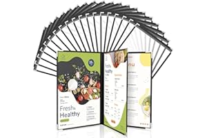 WenYa Lot de 20 couvertures de menu A4 - 3 pages - 6 vues (livret) - Style café - Bordure noire transparente - Avec protections d'angle en métal - Convient pour le papier de format A4 pour