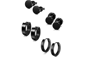 YADOCA 4-6 Pairs of Men's Black Earrings Stainless Steel Hypoallergenic Men's Hoop Earrings Ear Piercing Earrings Set for Men Women, Stainless Steel