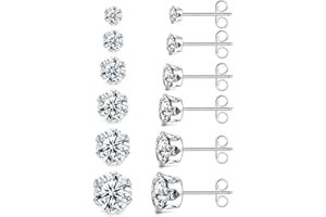 BVLAGIDA 6 Paires Boucle d'Oreille Acier Inoxydable Zircone Cubique Clous d'Oreilles Argent Or Piercing Oreille Cartilage Hélix Tragus pour Homme Femme, 3-8mm