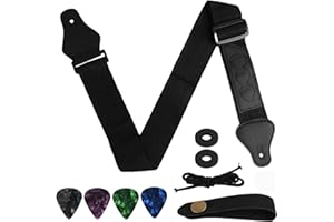 Fllyvly Correa de Guitarra Negra Ajustable, Tejida en Algodón con 3Púas de Guitarra, 1 Cierres de Correa de Goma, Adaptador de Cabezal con Hebilla, para Guitarras Acústicas, Eléctricas y Bajos