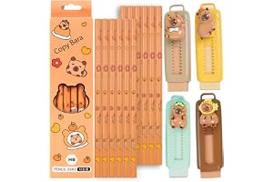 Capybara skolmaterial, Capybara suddgummi blyertspennor, 4 Capybara infällbart suddgummi + 12 Capybara pennor, söt kombinatio
