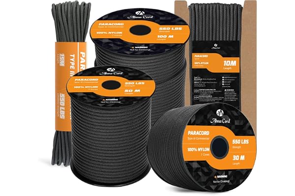 Abma Cord 550 Paracorde 4mm 15m Type III Corde 100% Nylon 7 Brins pour Bracelet, l'artisanat, Survie, Extrieur - Max. 250 kg - Noir