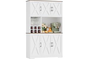 HOCSOK Alacena de Cocina，Armario con 6 Puertas, Soporte para Copas, Botellero Vino, Mueble de Cocina con Soporte para Microondas, para Comedor Y Sala De Estar, Blanco, 106x37x180 cm