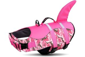 Queenmore Giubbotto di salvataggio per cani in ripstop con squalo, regolabile, con elevata galleggiabilità e manico di salvataggio resistente, per cani di taglia piccola, media e grande, rosa mimetico