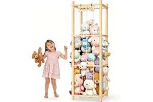 Stuffed Animal Storage Plushies Organizer Holder with Elastic Cords & Shelf, Extra Large Capacity Toy Storage Solid Wood Cage Space Save for Nursery Toddler Room Playroom Bedroom, 136 * 40 * 40CM