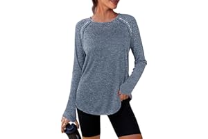 Crewhpo Camiseta Deportiva Manga Larga para Mujer Camisetas Deporte Cuello Redondo Ligero UPF 50+ Ropa de Entrenamiento Running Gimnasio Yoga Top