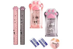 BORISCA 6 Pezzi Set di Temperino con Contenitore Zampe di Gatto, 2 temperino rosa e grigi+ 2 Righello 15 cm + 2 Gomme da Cancellare,Temperino con Serbatoio per Diversi Tipi di Matite Studenti Scuola