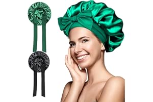 DOOYILETS Pack of 2 Silk Bonnet for Sleeping, Satin Bonnet Night Sleep Cap, Satin Hair Cap, Night Cap with Elastic Band for Sleeping, Skin Care, Hair Protection, Make-Up, etc. (Black and Green)
