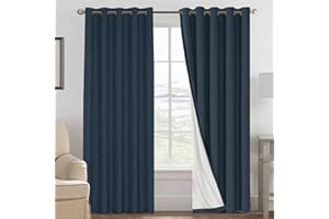 BellaHills 100% Blackout Curtains for Bedroom Eyelet Thermal Insulated Linen Textured Curtains Heat and Full Light Blocking Drapes Living Room Curtains 2 Panels Set, 66 x 90 Inch, Navy