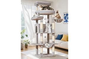 Taoqimiao Rascador para Gatos Grandes, 180cm Arbol Rascador para Gatos com Plataformas Grande, Espacioso Cuevas, Cesta, Hamaca, MS034W Gris Claro