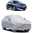WRAPSTRIC Water-Resistant Car Cover for Maruti Suzuki Baleno– Dustproof, UV Protection, Scratch Resistance, Secure Buckle Strap, Elastic Front & Rear – Silver