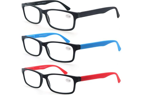 MODFANS Lunettes de Lecture Hommes Femmes Branches a Ressort Lunettes Loupe Rectangle Noir-Bleu-Rouge