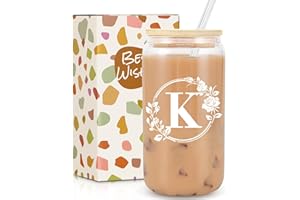 FRERDUI Gifts for Women, Birthday Gifts for Women, Personalised Monogrammed Gift, 16oz Initial Glass Cup with Lids Straws, Personalised Custom Cute Glass Cup for Mom, Teachers, Friends, Initial K