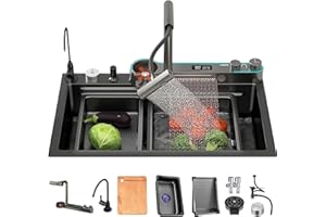 XDXINY Kitchen Sink Black Stainless Steel Waterfall Kitchen Sink Multifunctional Digital Display Sink with New Dual Mode Faucet and Multiple Accessories (85x45x22CM)