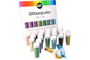 perfect ideaz set de poudre pailletée de couleur 24 x 10 g (240g), 24 couleurs, poussière pour bricolage avec couvercle saupoudreur, sable décoratif idéal pour bricoler les enfants, set décoration