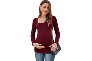 KOJOOIN Damen Schwanger Shirt Umstandsbluse Schwangerschafts Langarm Stillshirt Umstandspullover Umstandsmode Quadratischer Kragen mit Seite Geraffen (Verpackung MEHRWEG)