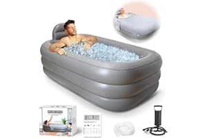 Nevife Aufblasbare Badewanne mit Wärmeschutz-Abdecktuch & Komfortboden, faltbare Erwachsenen-Badewanne für Spa, Eisbäder, Camping - Inkl. Handpumpe，XL(158x95x45cm) (Hellgrau)