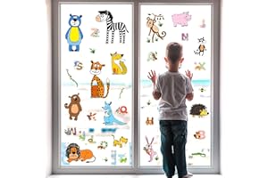 WandSticker4U®- [61 pièces] Stickers fenêtre enfant ANIMAUX + LETTRES réutilisable I Stickers vitres décoratifs animaux jungle léopard zèbre I Autocollant fenêtre chambre garçon bébé enfant déco