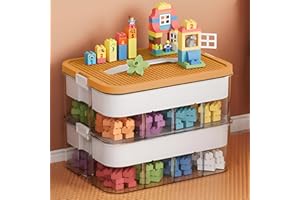 Accmuzzy Aufbewahrungsbox für Lego Bausteine,Kisten Spielzeug Aufbewahrung mit Deckel,Sortierboxen Kleinteile Stapelbar (Zwei Ebenen-Gelb)
