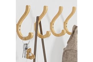 JOCKCARAS Wood Wall Hooks for Hanging Coats - Large 5.5" Coat Hanger Wall Mounted, Closet Hooks, Wooden Hooks for Hanging Backpack, Hat, Jacket, Purse, Clothes, 4-Pack