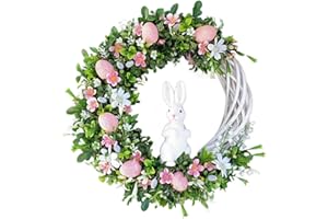 DWTECH 40cm Easter Wreath for Front Door,Easter Decorating Rattan Circle Wreaths Ornaments Cute Bunny Shape Decorations,Handmade Rattan Bunny Rabbit Wreath Pendant Easter Decorations Gifts