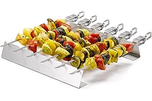 Räucherphorie® Grillspiess-Set - 6x Edelstahl Grillspieße + Grillgestell + Transporttasche - Robuste Schachlickspieße für Fleisch, Gemüße und Vegane Alterantiven